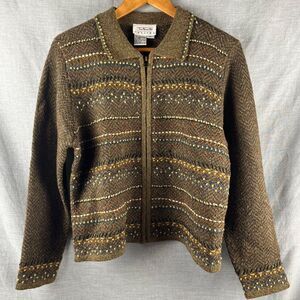 Talbots Cardigan Women's Petite Large Brown Herringbone Embroidery Zipper Fall